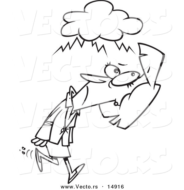 Vector of a Cartoon Businesswoman Walking Under a Stormy Cloud - Coloring Page Outline