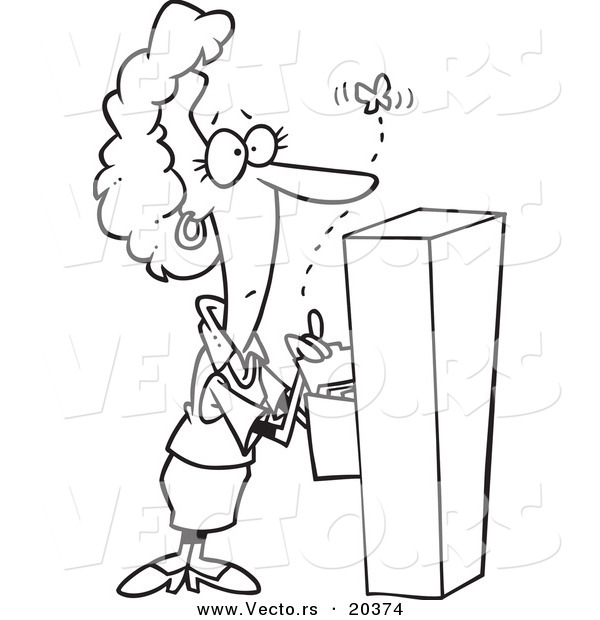 Vector of a Cartoon Businesswoman Watching a Moth Emerge from a Filing Cabinet - Coloring Page Outline