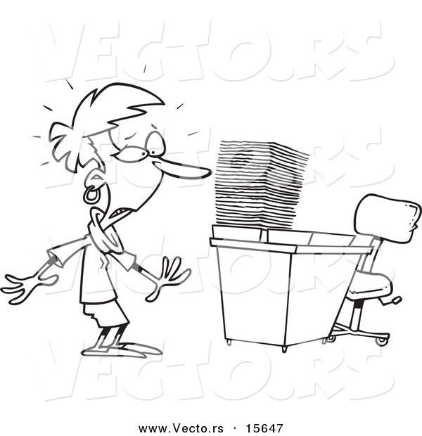 Vector of a Cartoon Businesswoman with a Piled Inbox - Coloring Page Outline