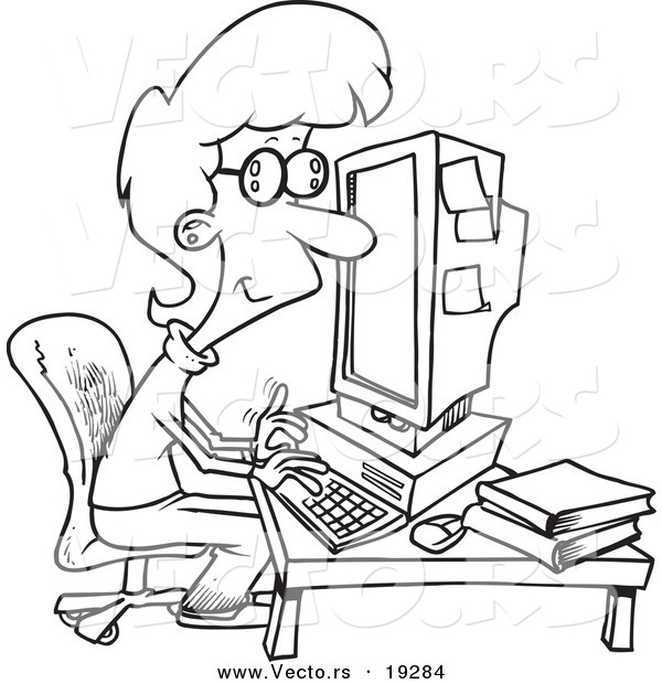 Vector of a Cartoon Businesswoman Working on a Computer - Outlined Coloring Page