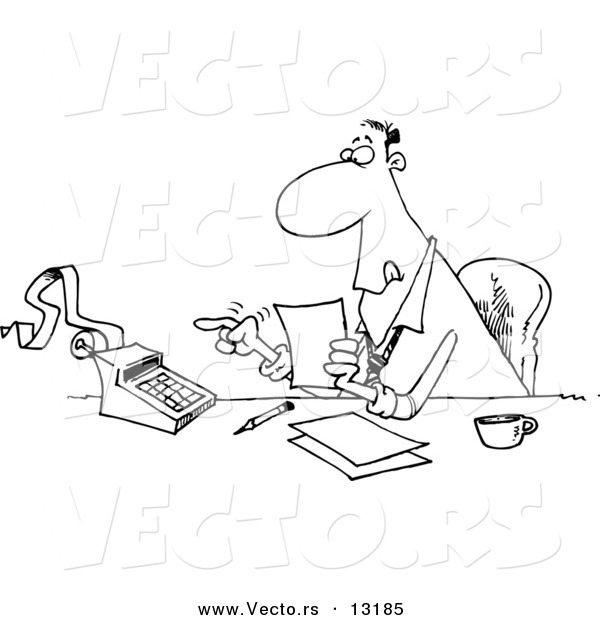 Vector of a Cartoon Busy Accountant Using a Calculator at His Desk - Coloring Page Outline