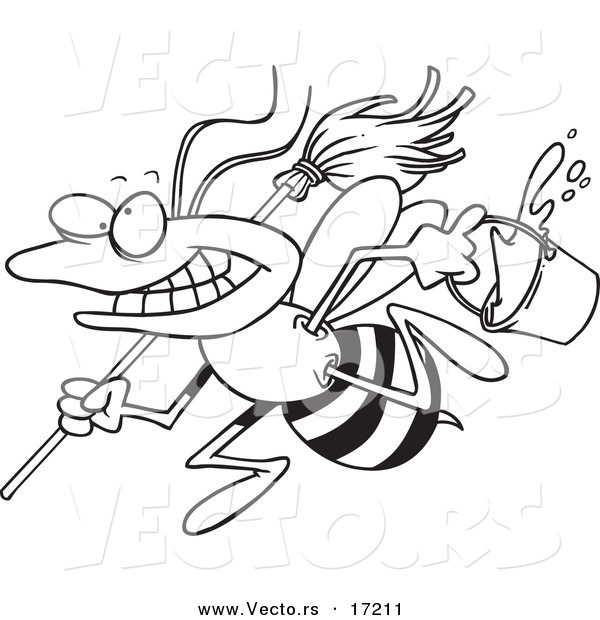 Vector of a Cartoon Busy Janitorial Bee - Coloring Page Outline