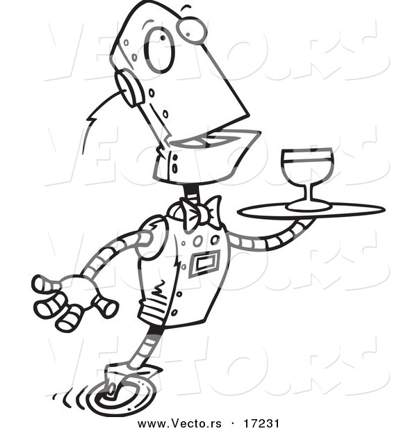 Vector of a Cartoon Butler Robot Serving Wine - Coloring Page Outline