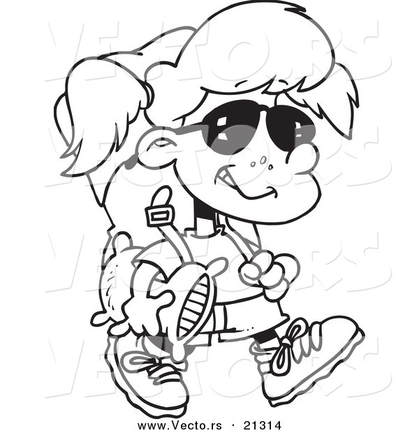 Vector of a Cartoon Camper Girl Carrying Her Gear - Outlined Coloring Page