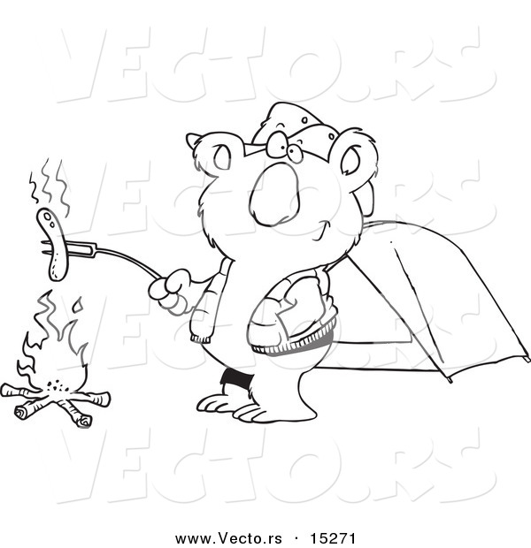 Vector of a Cartoon Camping Koala Roasting a Hot Dog over a Fire - Coloring Page Outline