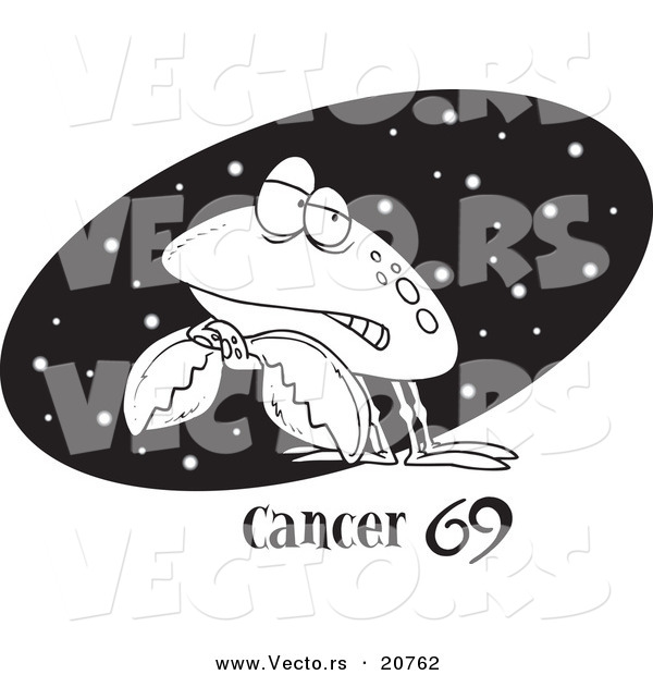 Vector of a Cartoon Cancer Crab over a Starry Black Oval - Coloring Page Outline