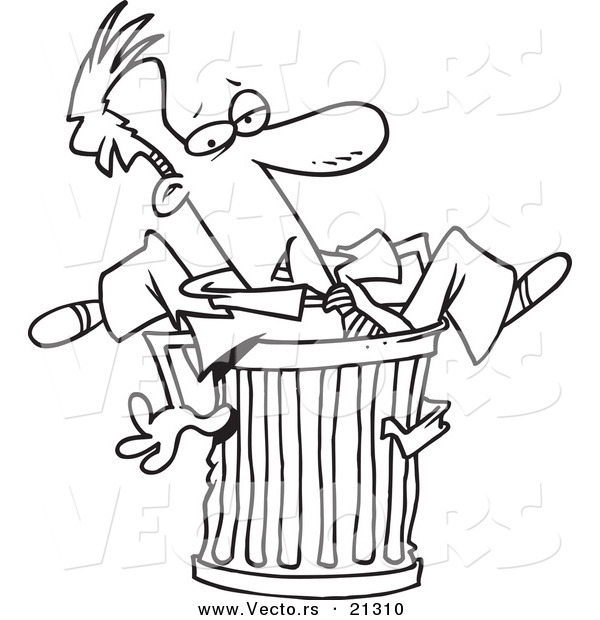 Vector of a Cartoon Canned Businessman Stuck in a Garbage Can - Outlined Coloring Page