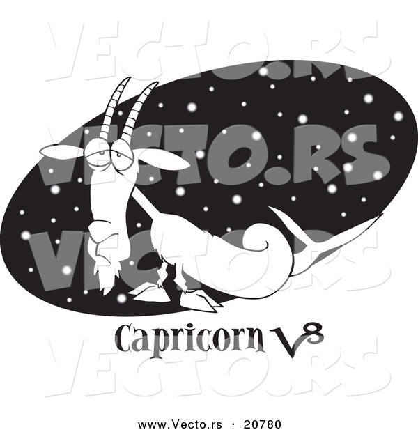 Vector of a Cartoon Capricorn Sea Goat over a Starry Black Oval - Coloring Page Outline