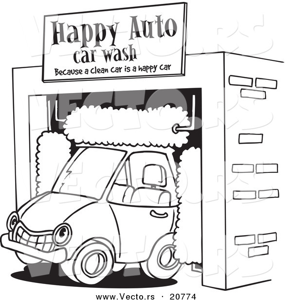 Vector of a Cartoon Car Driving Through an Auto Wash - Coloring Page Outline