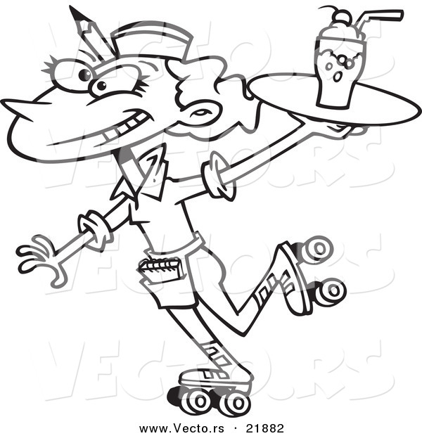 Vector of a Cartoon Car Hop Waitress on Skates - Outlined Coloring Page