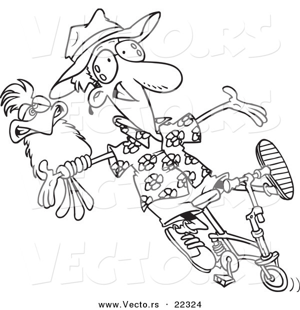 Vector of a Cartoon Carefree Man on a Bike with a Parrot - Coloring Page Outline