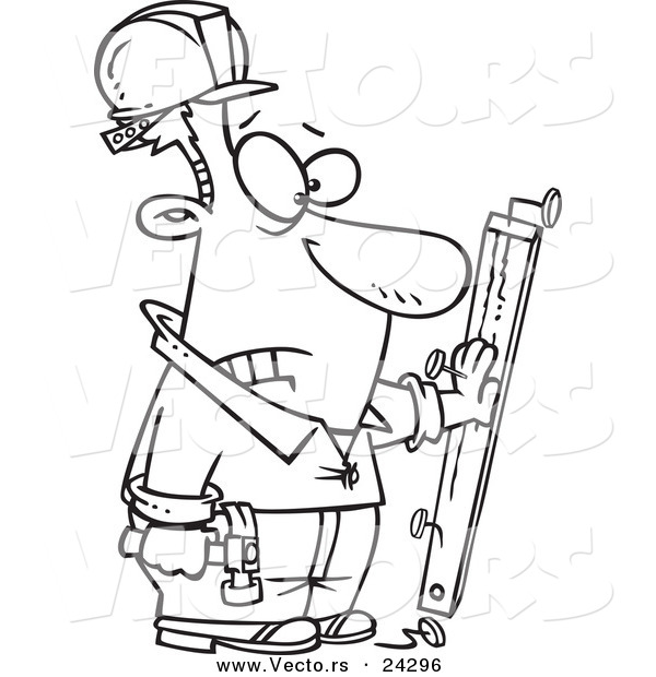 Vector of a Cartoon Carpenter Nailing His Hand to a Board Black and White Outline - Outlined Coloring Page