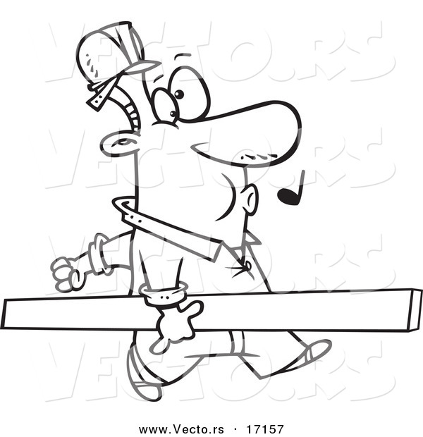 Vector of a Cartoon Carpenter Whistling and Carrying a Board - Coloring Page Outline