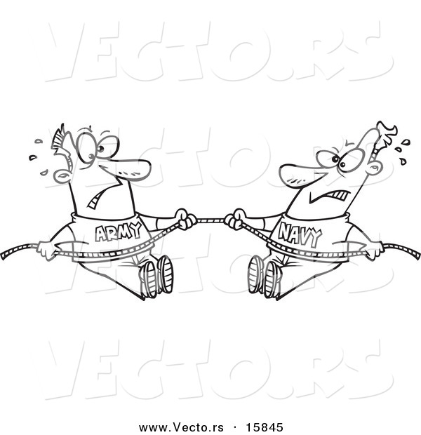 Vector of a Cartoon Cartoon Black and White Outline Design of Army and Navy Men Playing Tug of War - Outlined Coloring Page Drawing