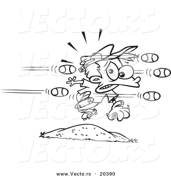 Vector of a Cartoon Cartoon Black and White Outline Design of Baseballs Flying at a Little Boy - Coloring Page Outline