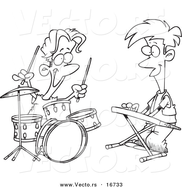 Vector of a Cartoon Cartoon Black and White Outline Design of Boys Drumming and Keyboarding in a Band - Outlined Coloring Page Drawing