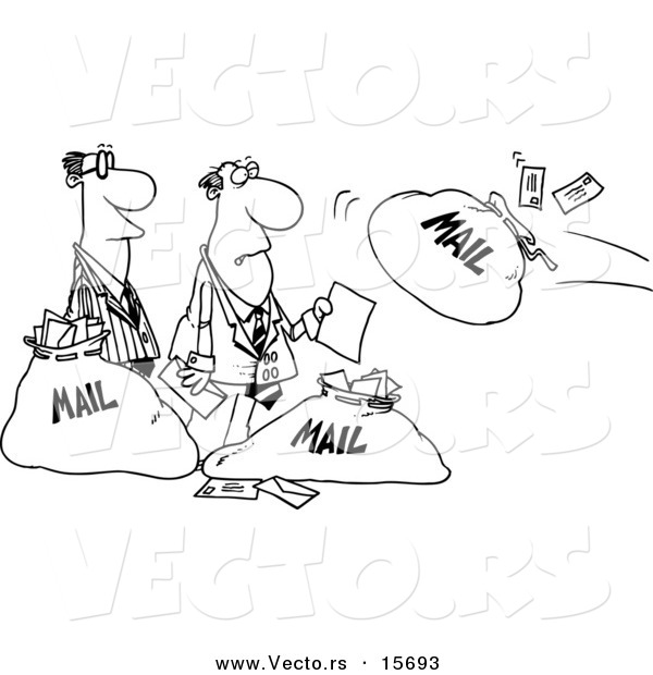 Vector of a Cartoon Cartoon Black and White Outline Design of Businessmen and Incoming Mail - Coloring Page Outline