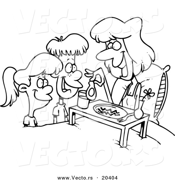 Vector of a Cartoon Cartoon Black and White Outline Design of Children Serving Their Mom Breakfast in Bed - Coloring Page Outline