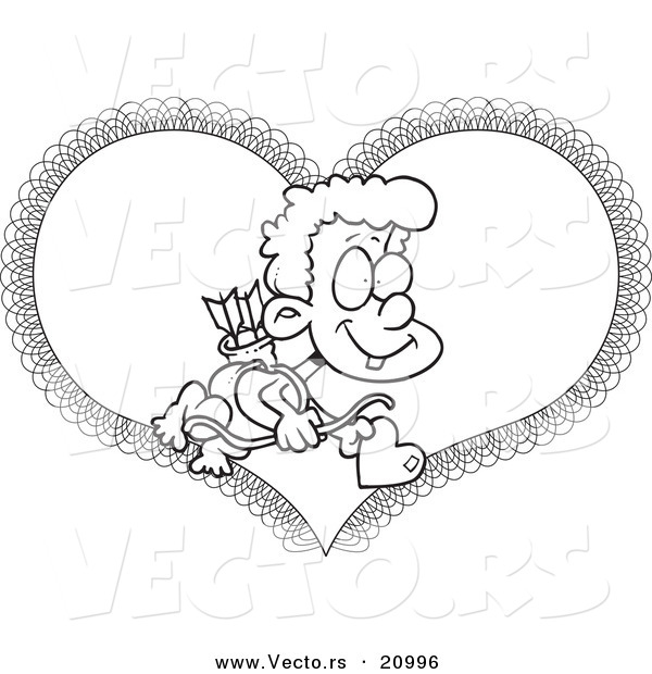 Vector of a Cartoon Cartoon Black and White Outline Design of Cupid Boy over a Heart - Coloring Page Outline