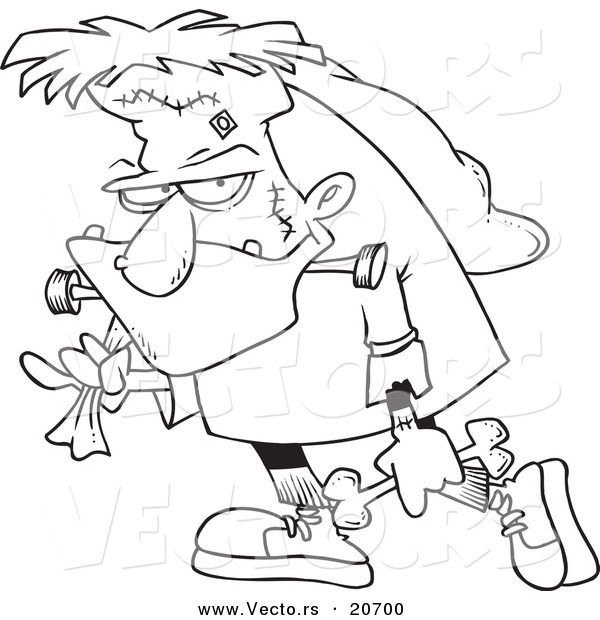 Vector of a Cartoon Cartoon Black and White Outline Design of Frankenstein Carrying a Bag and Bone - Coloring Page Outline