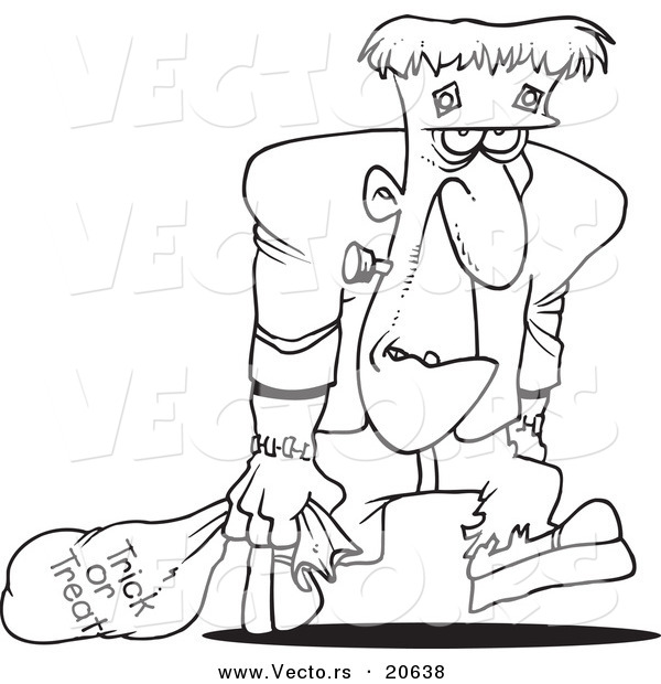 Vector of a Cartoon Cartoon Black and White Outline Design of Frankenstein Trick or Treating - Coloring Page Outline