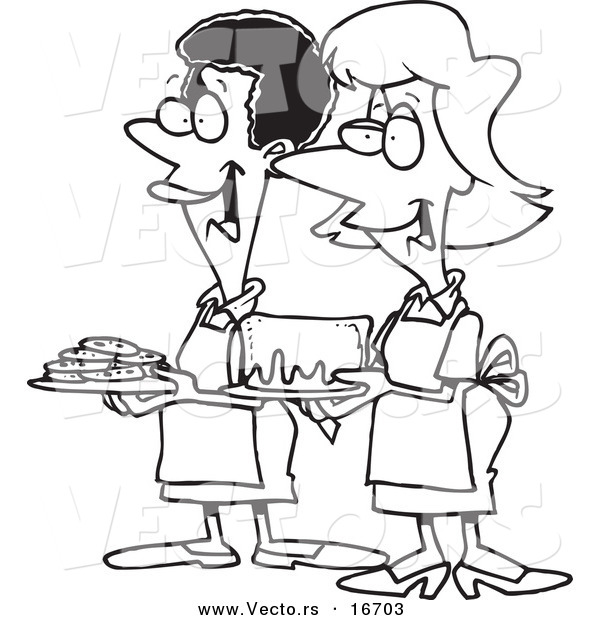 Vector of a Cartoon Cartoon Black and White Outline Design of Friendly Ladies at a Bake Sale - Outlined Coloring Page Drawing