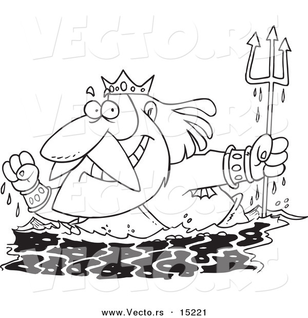 Vector of a Cartoon Cartoon Black and White Outline Design of King Neptune Surfacing - Coloring Page Outline