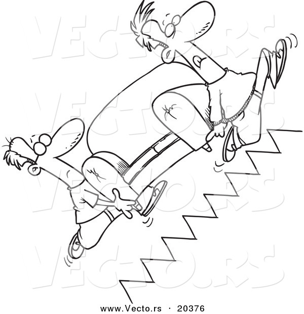 Vector of a Cartoon Cartoon Black and White Outline Design of Movers Carrying a Sofa up Stairs - Coloring Page Outline