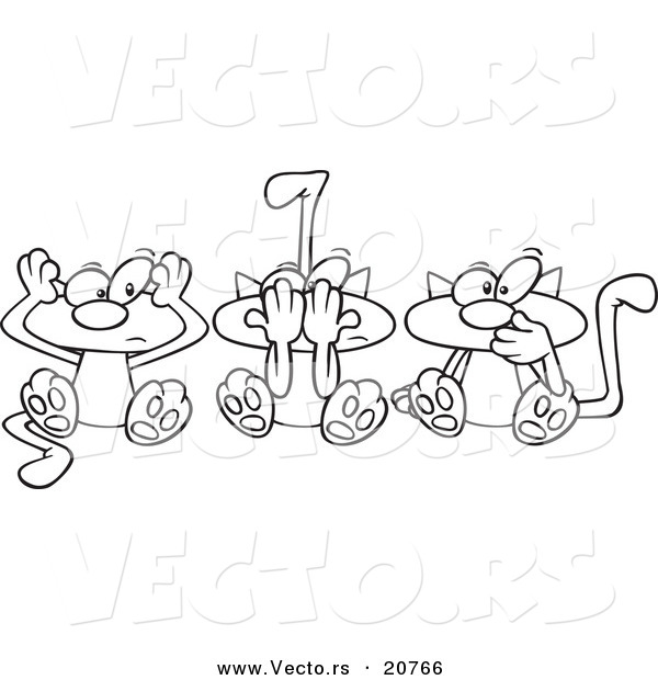 Vector of a Cartoon Cartoon Black and White Outline Design of No Evil Cats - Coloring Page Outline