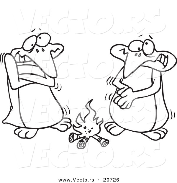 Vector of a Cartoon Cartoon Black and White Outline Design of Penguins Warming up by a Fire - Coloring Page Outline
