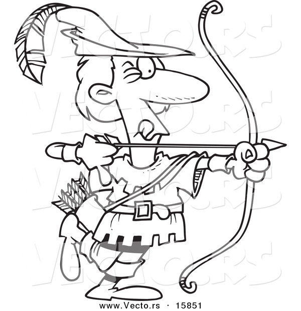 Vector of a Cartoon Cartoon Black and White Outline Design of Robin Hood Aiming - Outlined Coloring Page Drawing