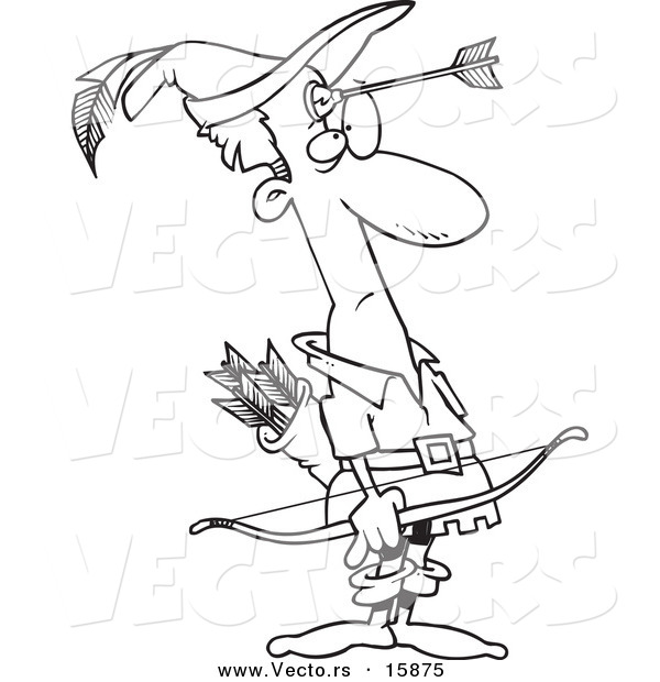 Vector of a Cartoon Cartoon Black and White Outline Design of Robin Hood with an Arrow on His Forehead - Outlined Coloring Page Drawing