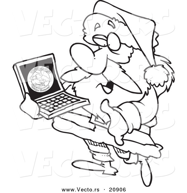 Vector of a Cartoon Cartoon Black and White Outline Design of Santa Carrying a Laptop - Coloring Page Outline
