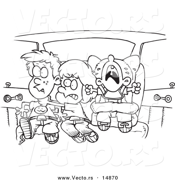 Vector of a Cartoon Cartoon Black and White Outline Design of Siblings Fighting in a Car on a Road Trip - Coloring Page Outline