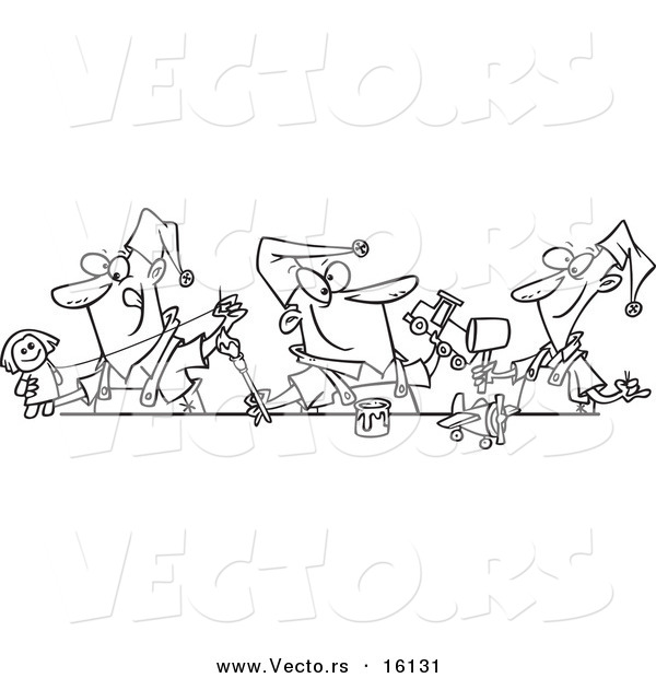 Vector of a Cartoon Cartoon Black and White Outline Design of Three Christmas Elves Making Toys - Outlined Coloring Page Drawing