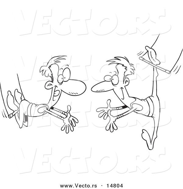 Vector of a Cartoon Cartoon Black and White Outline Design of Trapeze Artists Performing - Coloring Page Outline