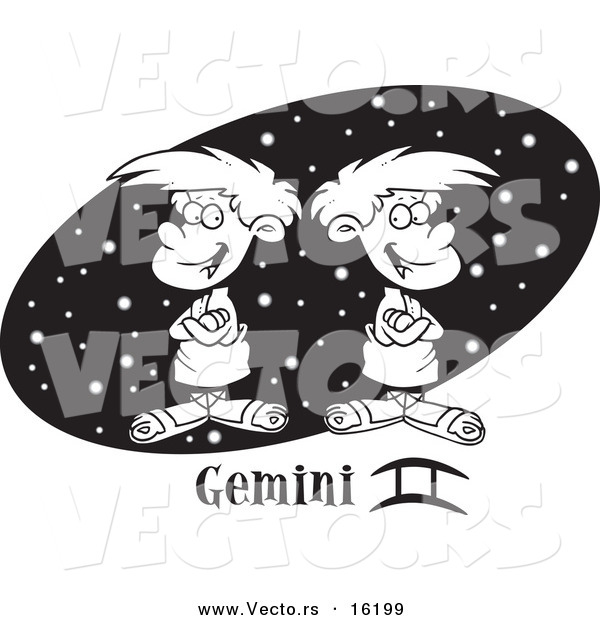 Vector of a Cartoon Cartoon Black and White Outline Design of Twin Geminis over a Black Starry Oval - Outlined Coloring Page Drawing
