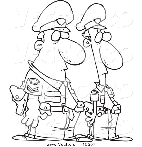 Vector of a Cartoon Cartoon Black and White Outline Design of Two Police Officers - Coloring Page Outline