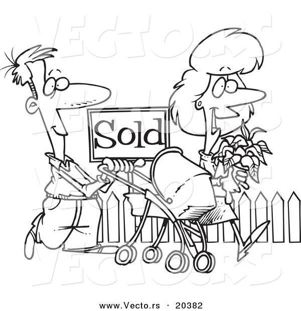 Vector of a Cartoon Cartoon Black and White Outline Design of Welcoming Neighbors by a Sold House - Coloring Page Outline