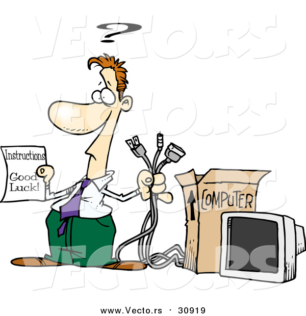 Vector of a Cartoon Cartoon Caucasian Business Man Trying to Assemble a Computer