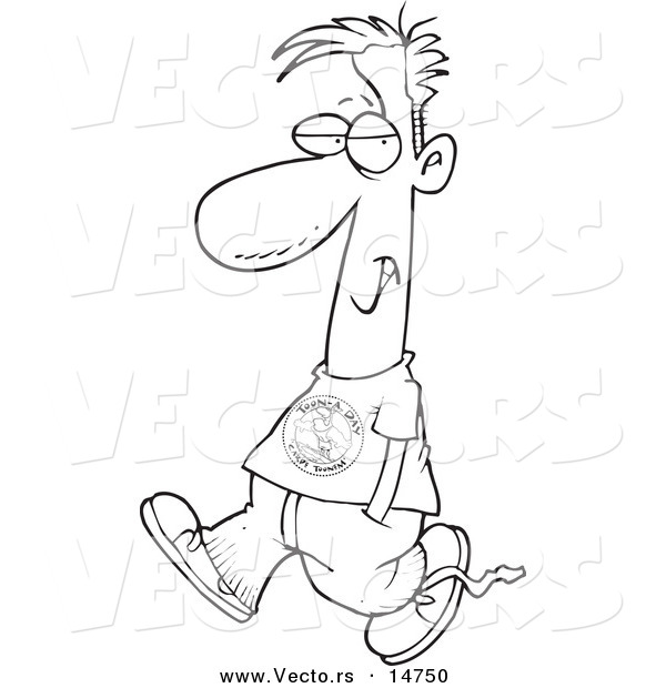Vector of a Cartoon Casual Man Walking with His Hands in His Pockets - Coloring Page Outline