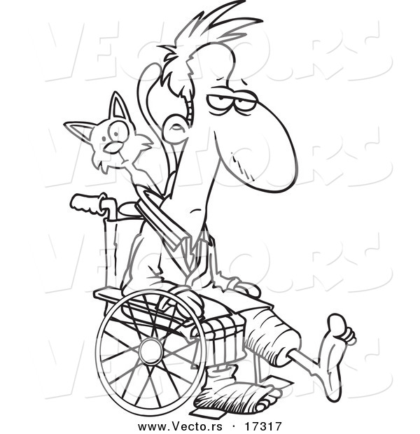 Vector of a Cartoon Cat Behind a Man with Broken Limbs in a Wheelchair - Coloring Page Outline