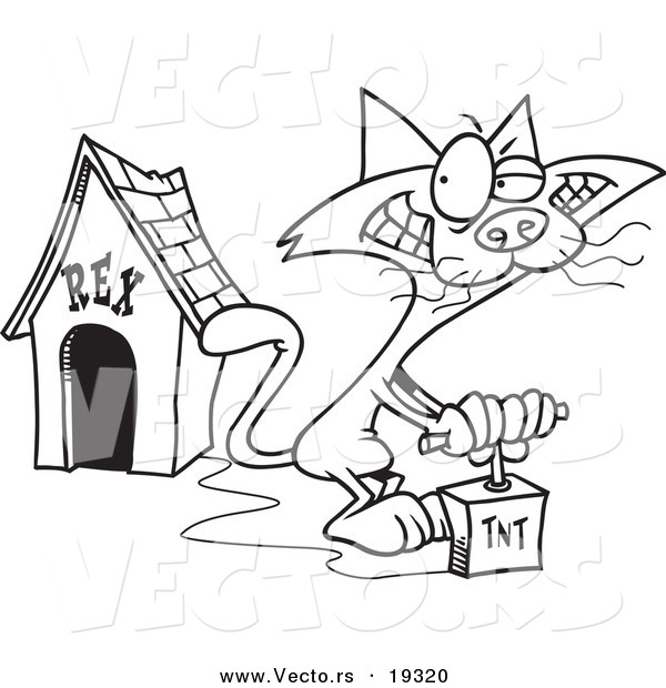Vector of a Cartoon Cat Blowing up a Dog House - Outlined Coloring Page