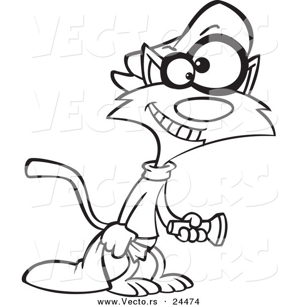 Vector of a Cartoon Cat Burglar Shining a Flashlight - Outlined Coloring Page