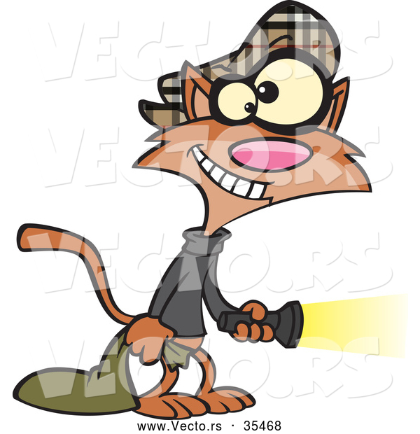 Vector of a Cartoon Cat Burglar with a Flashlight and Bag of Stolen Goods