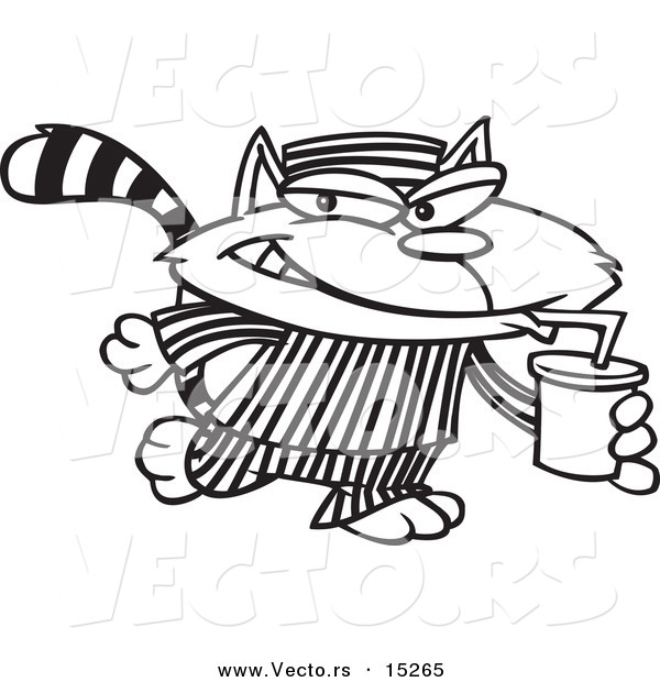 Vector of a Cartoon Cat Con Drinking a Soda - Coloring Page Outline