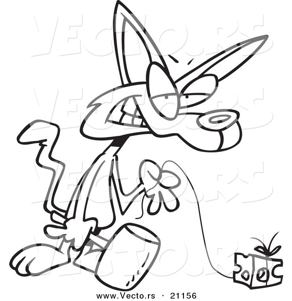 Vector of a Cartoon Cat Holding a Hammer and Pulling Cheese on a String - Coloring Page Outline