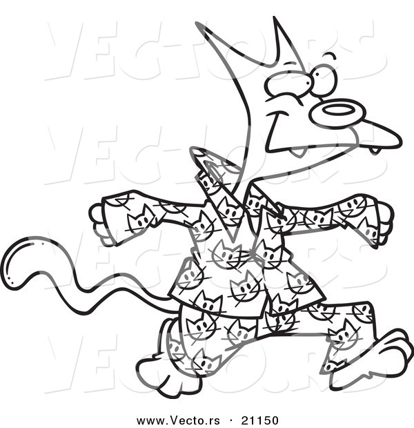 Vector of a Cartoon Cat in His Pajamas - Coloring Page Outline
