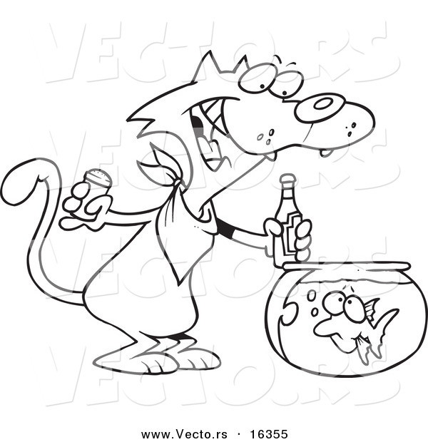 Vector of a Cartoon Cat Seasoning a Goldfish with Ketchup - Outlined Coloring Page Drawing