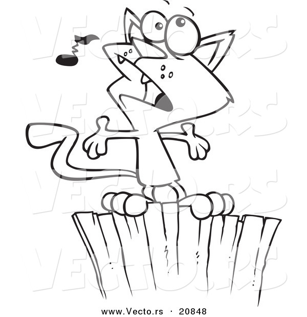 Vector of a Cartoon Cat Singing on a Fence - Coloring Page Outline